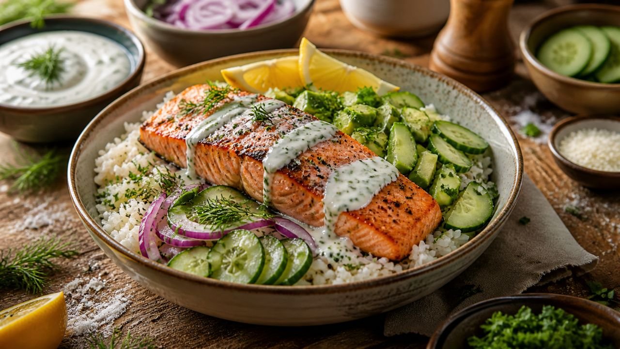 Salmon Rice Bowl With Cucumber and Yogurt Sauce